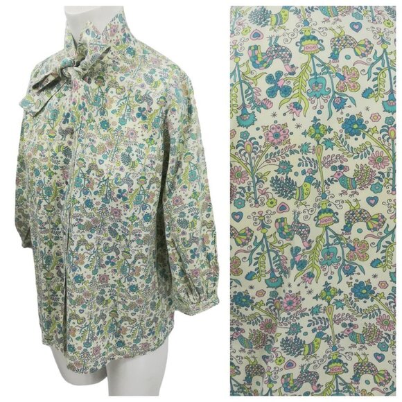Vintage Tops - Vintage Handmade Button Front Tie Neck Bow 3/4 Sleeve Blouse Size L? Birds